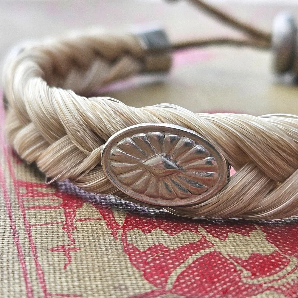 Braided Horsehair Bracelet Blonde Cream Western Silver Concho Leather Adjustable